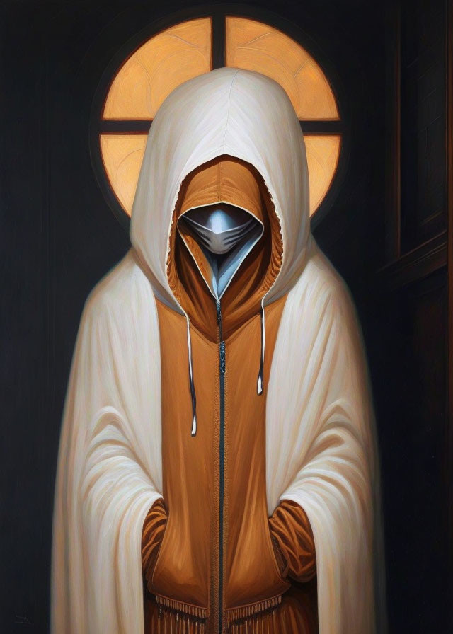 Hooded Figure in Metallic Mask and Beige Robe by Round Window