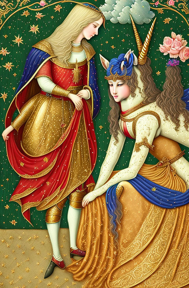 Medieval woman with unicorn in vibrant, floral illustration