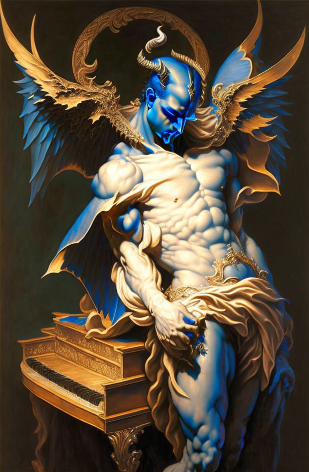 Blue-skinned muscular figure in golden-winged attire perched on dark structure.