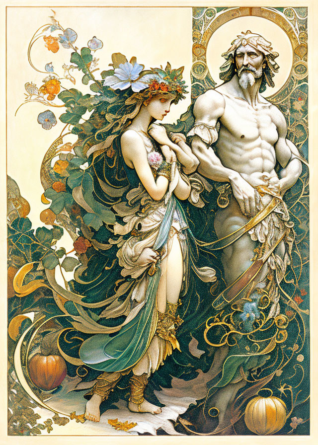 Art Nouveau Style Illustration of Muscular Male and Graceful Female Figures