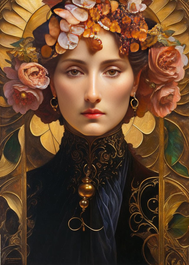 Woman portrait with floral headpiece and Art Nouveau style.