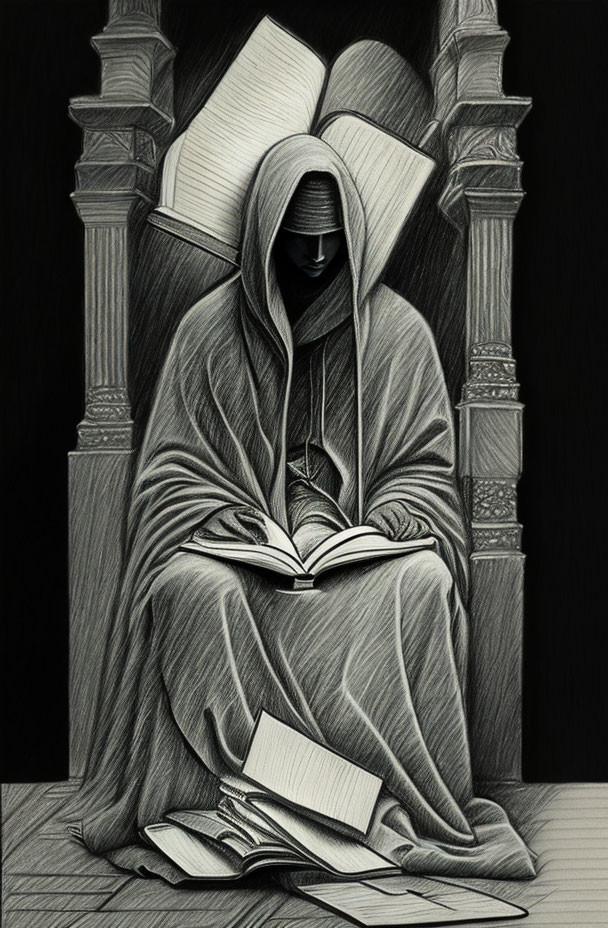 Monochrome sketch of cloaked figure reading book between stone pillars