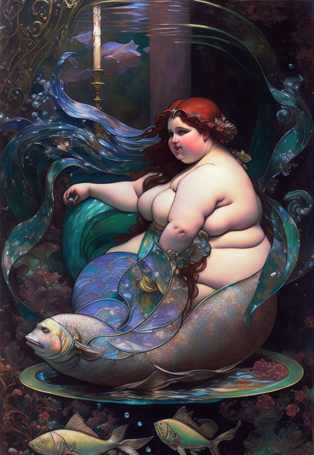 Mermaid with human upper body and fish-like lower half in dreamy underwater scene