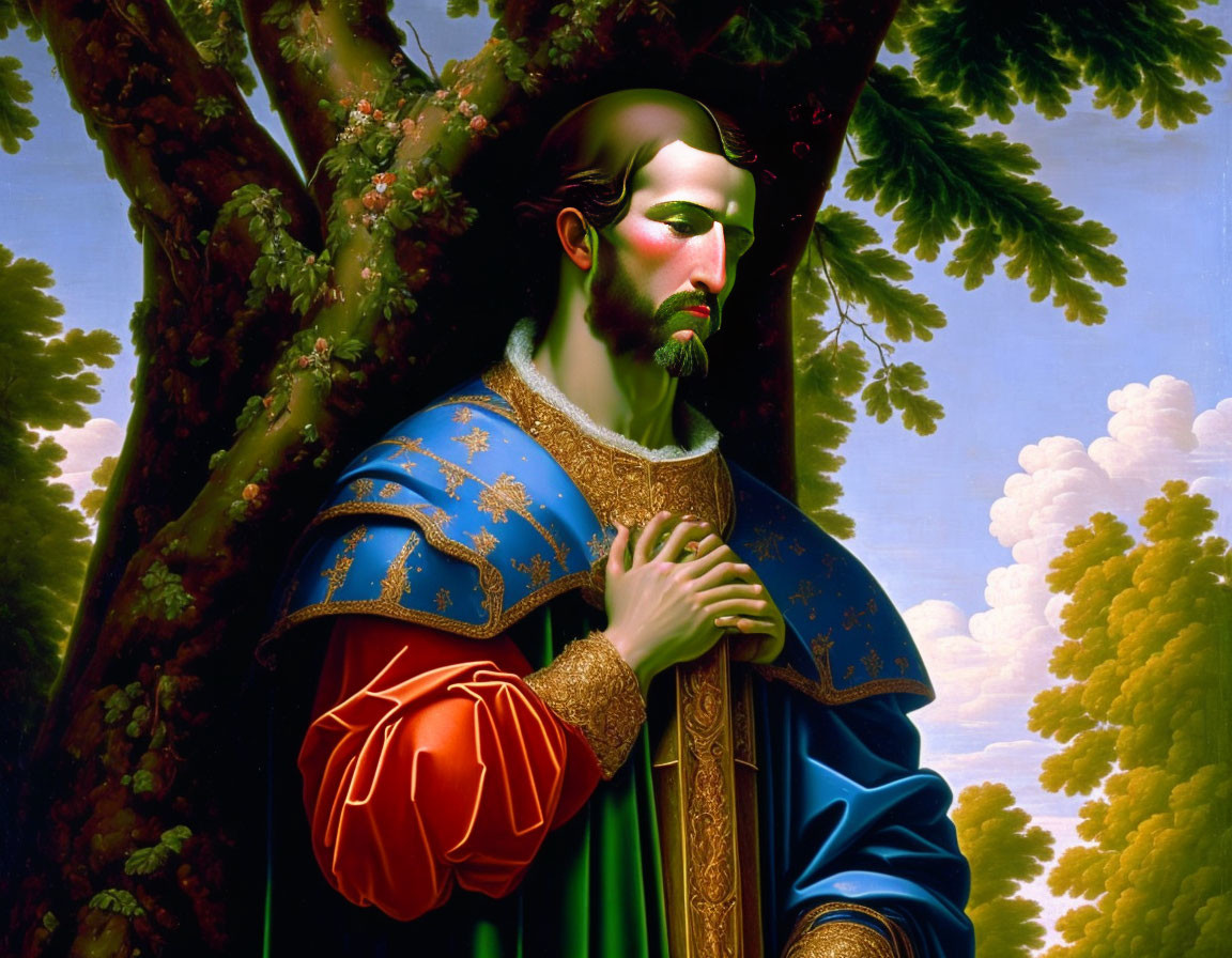 Portrait of a Bearded Man in Blue and Gold Robe by a Tree