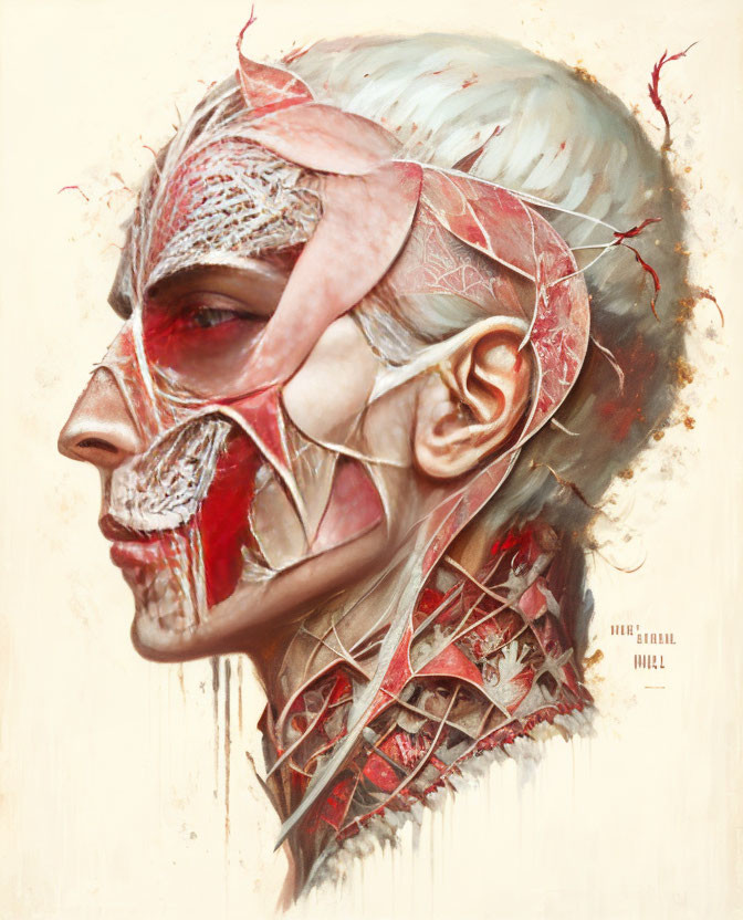 Detailed side profile of human anatomy with exposed muscles and tissue in pale colors