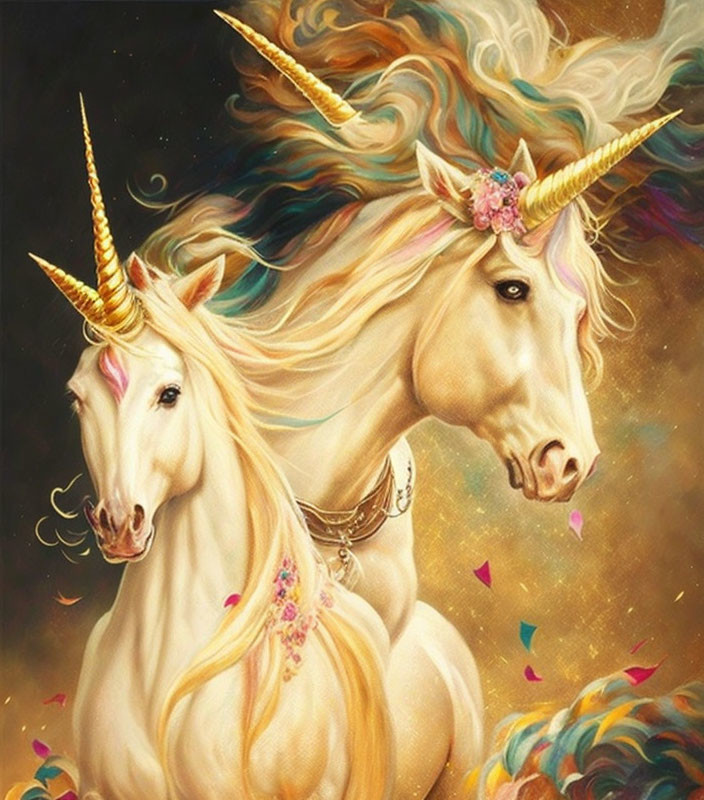 Majestic unicorns with golden horns in digital art