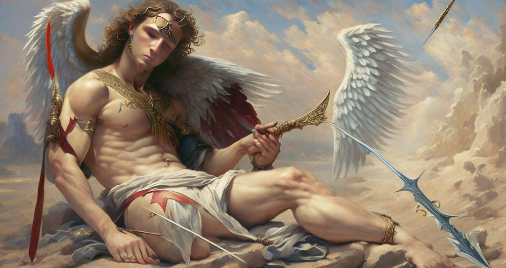 Winged male figure with sword in classical mythology style