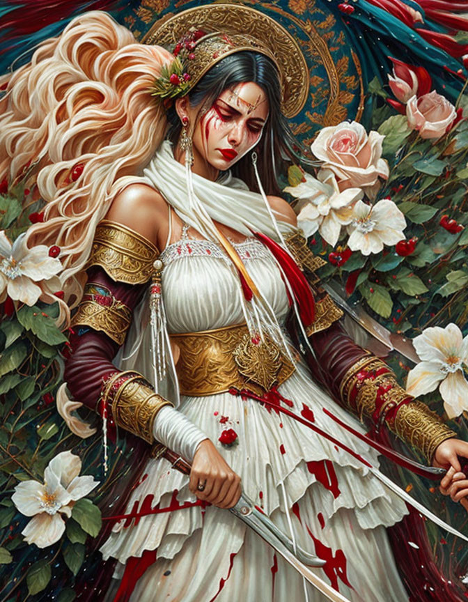 Blonde fantasy warrior woman in golden armor with bow, roses, white and red fabrics