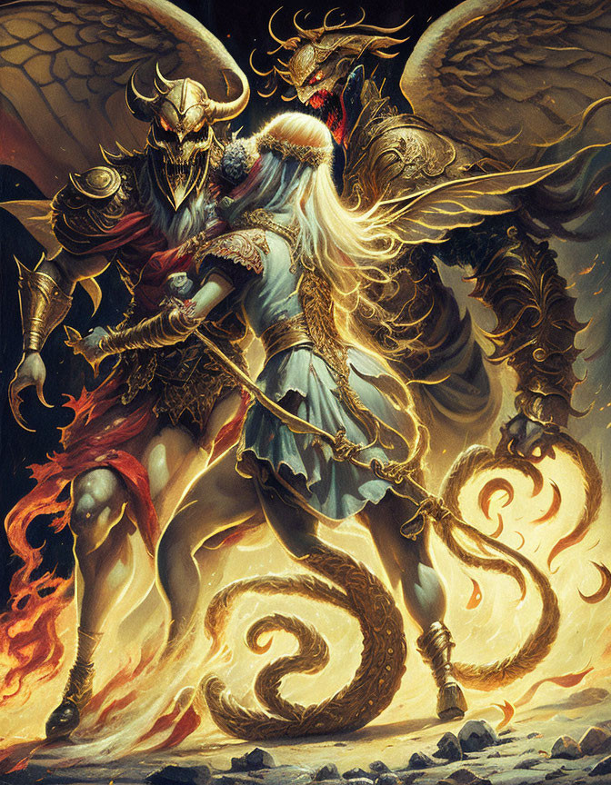 Majestic warrior with wings and serpent-like appendages in fiery fantasy scene