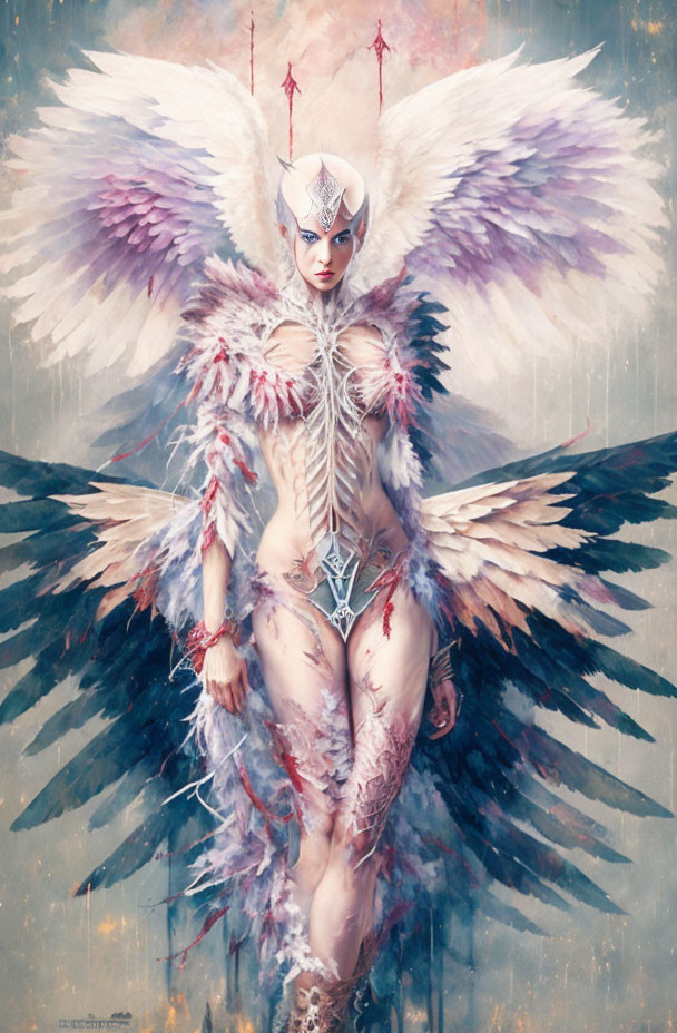 Majestic ethereal figure with multicolored wings and intricate armor