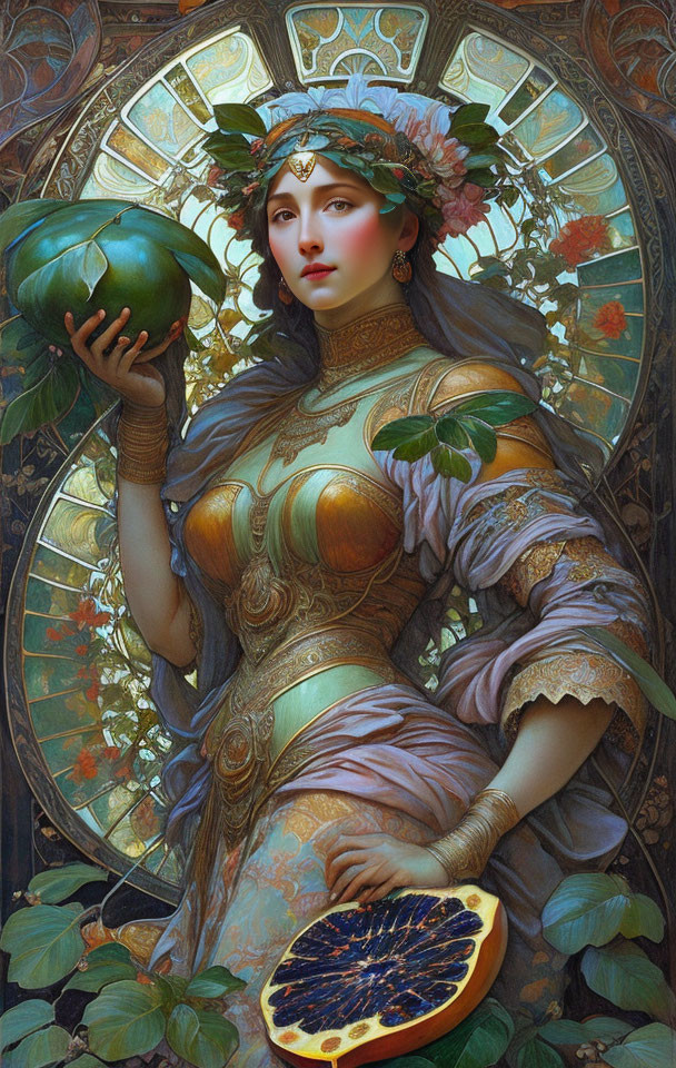 Illustration of woman with papaya in ornate armor and backdrop