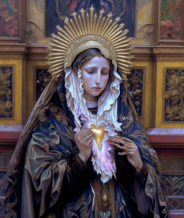 Religious artwork of Virgin Mary with radiant halo and glowing heart