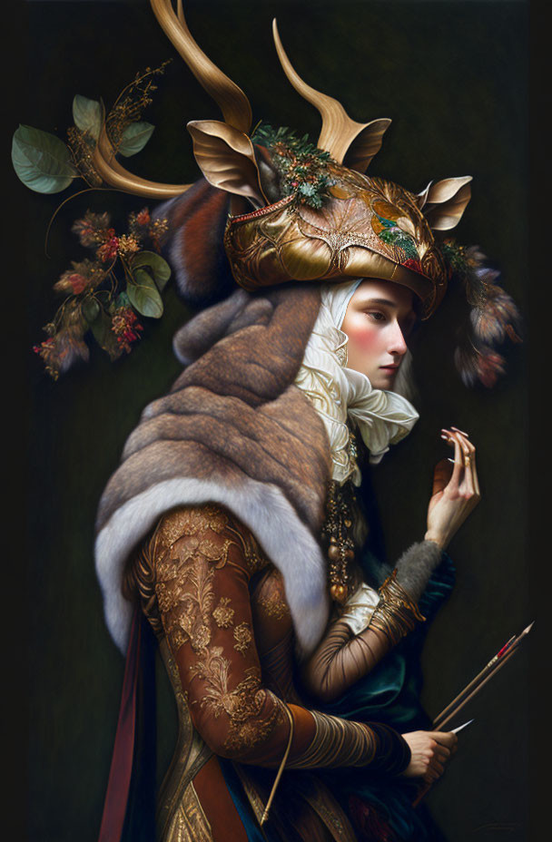 Detailed Renaissance-style portrait with antler headdress and arrow.