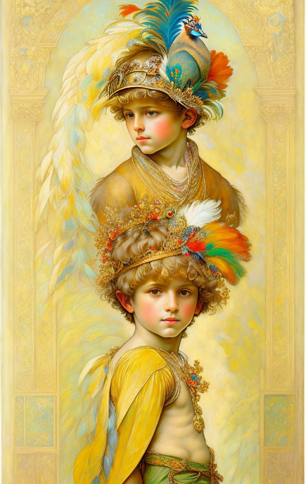 Two children in feathered headdresses against golden backdrop