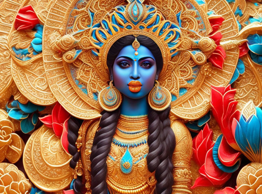 Vibrant Hindu deity with blue skin and gold headdress amid floral patterns