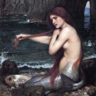 Mermaid with human upper body and fish-like lower half in dreamy underwater scene
