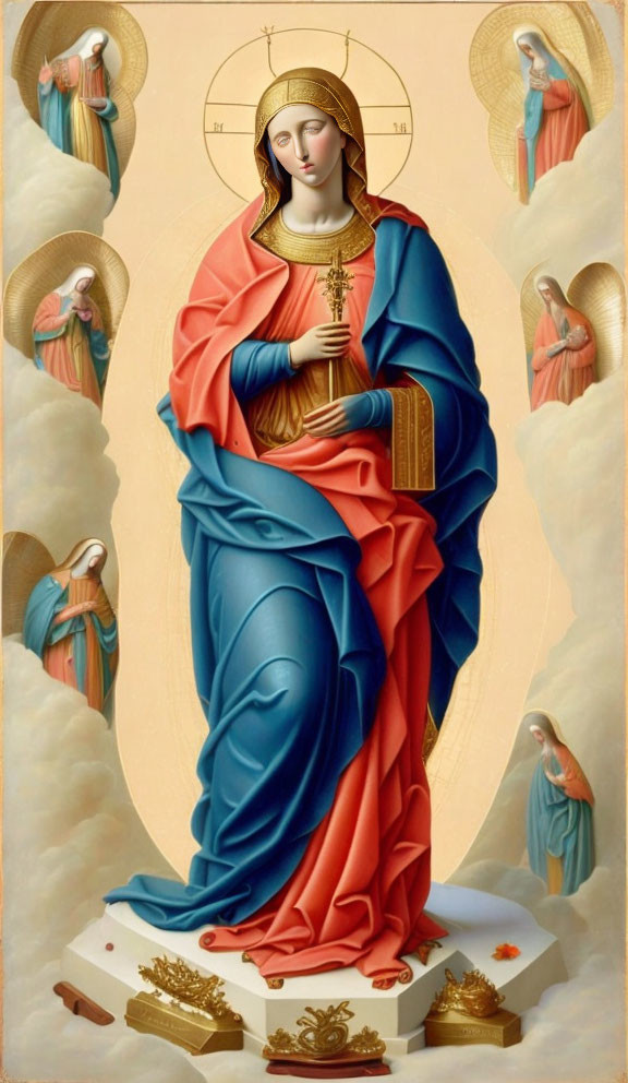 Serene figure in blue and red robes with golden object, angelic figures in golden sky