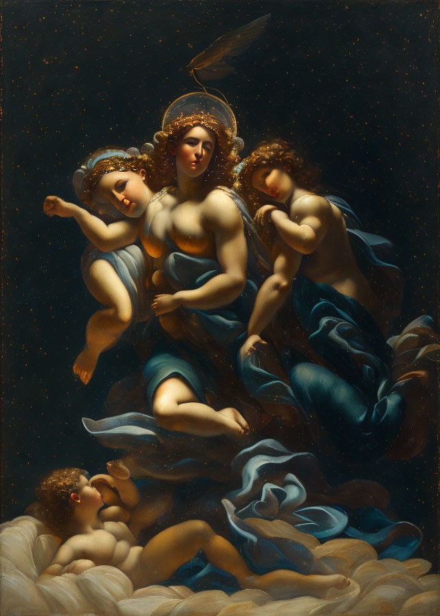 Religious painting: Virgin Mary ascends with cherubs in starry sky