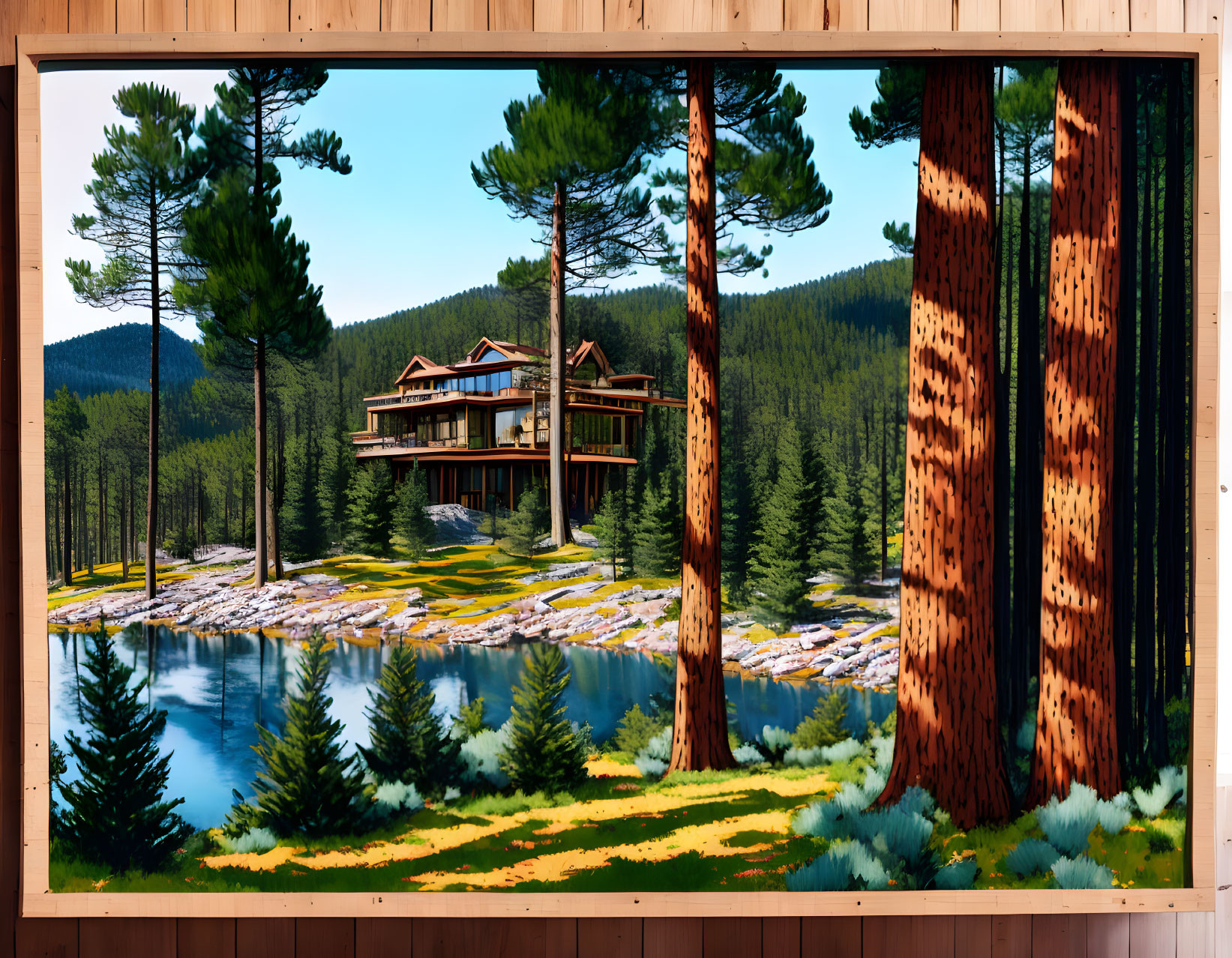 Modern wooden house by calm lake with pine trees & mountains