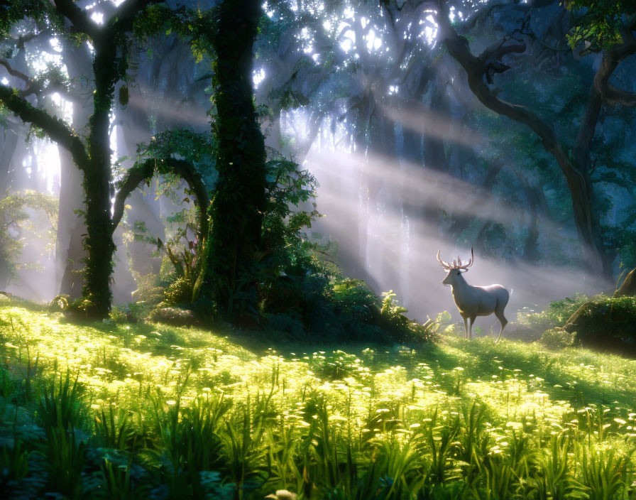 Tranquil forest landscape with sunbeams, deer, and mist