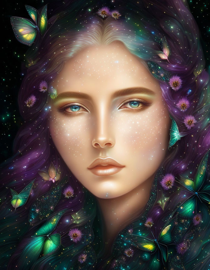 Ethereal portrait of woman with deep blue eyes and luminous butterflies on starry backdrop