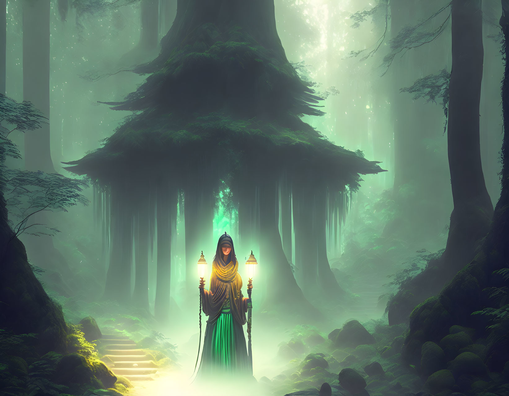 Mystical figure with lantern in foggy forest by ancient tree