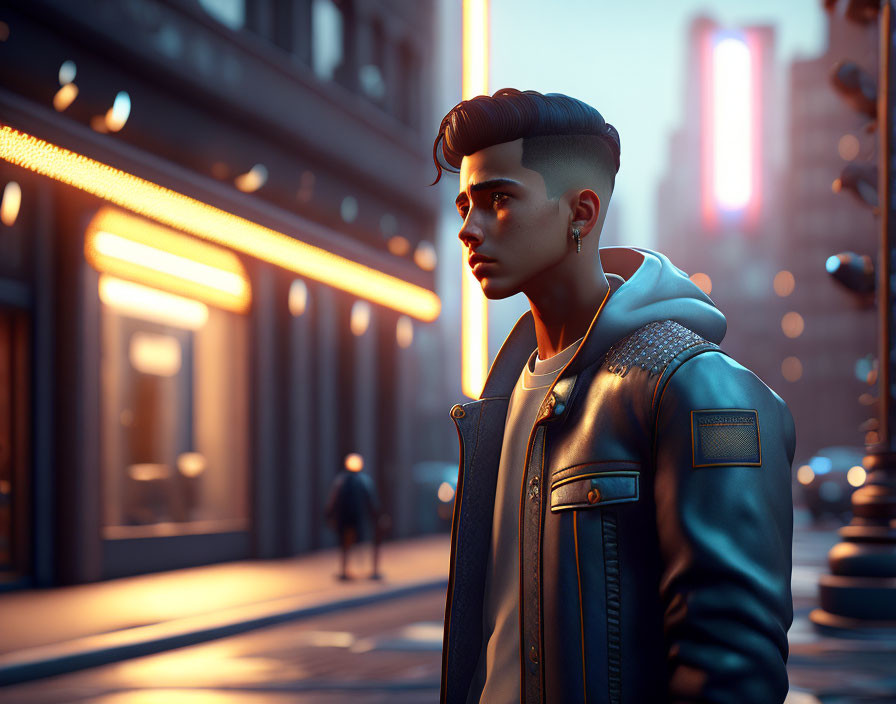 Man with undercut hairstyle in leather jacket in neon-lit urban street