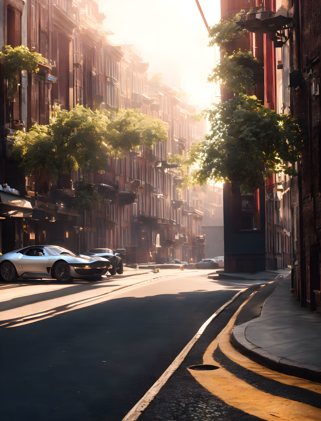 Historic city street with sports car parked under sunlight