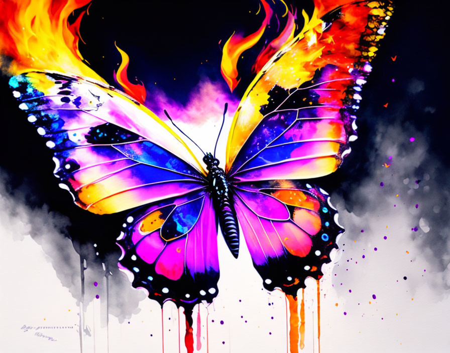 Colorful Butterfly with Orange and Yellow Flames on Black Background