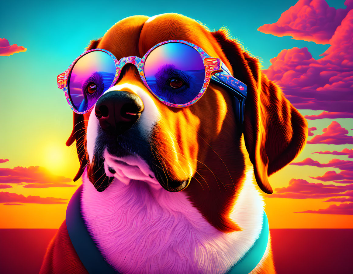 Colorful Sunglasses Dog in Vibrant Sunset Sky