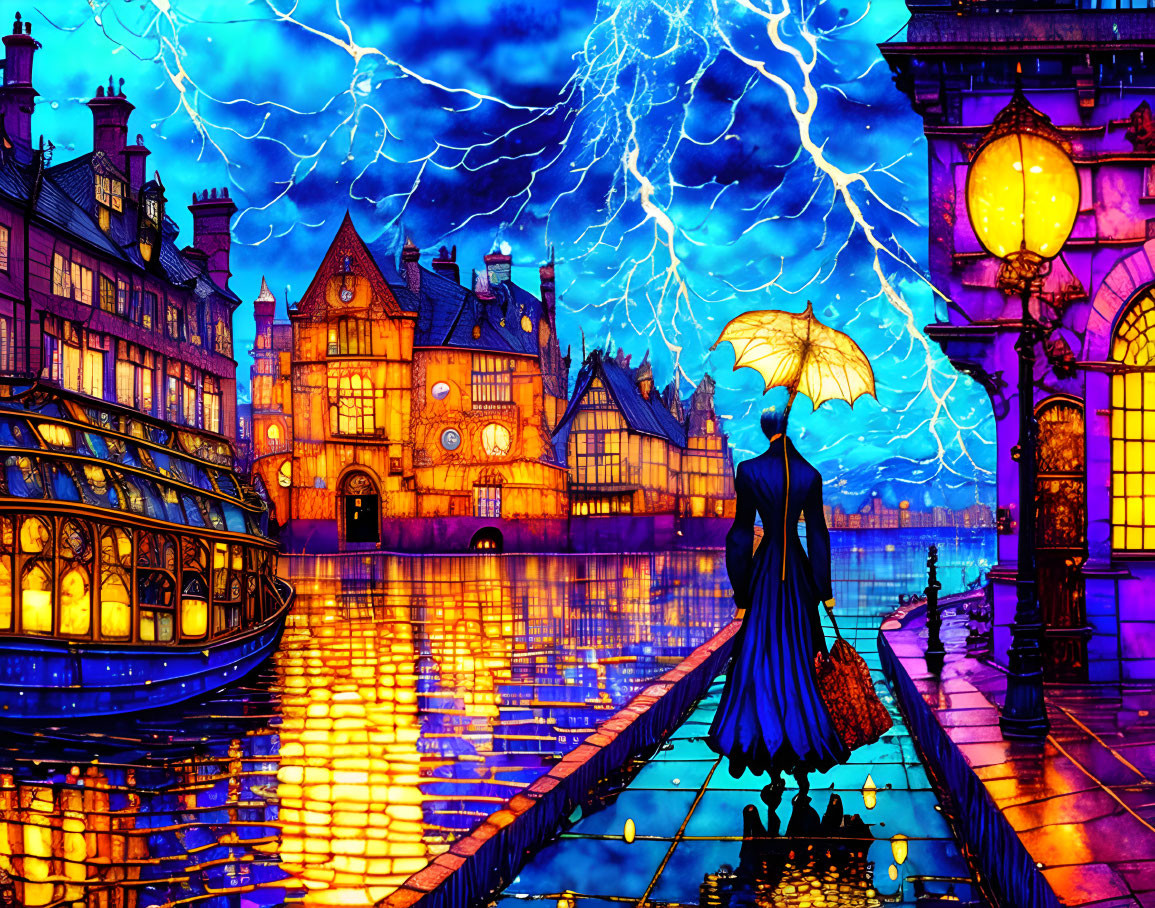 Digital Art: Person with Umbrella Walking in Rainy Cityscape