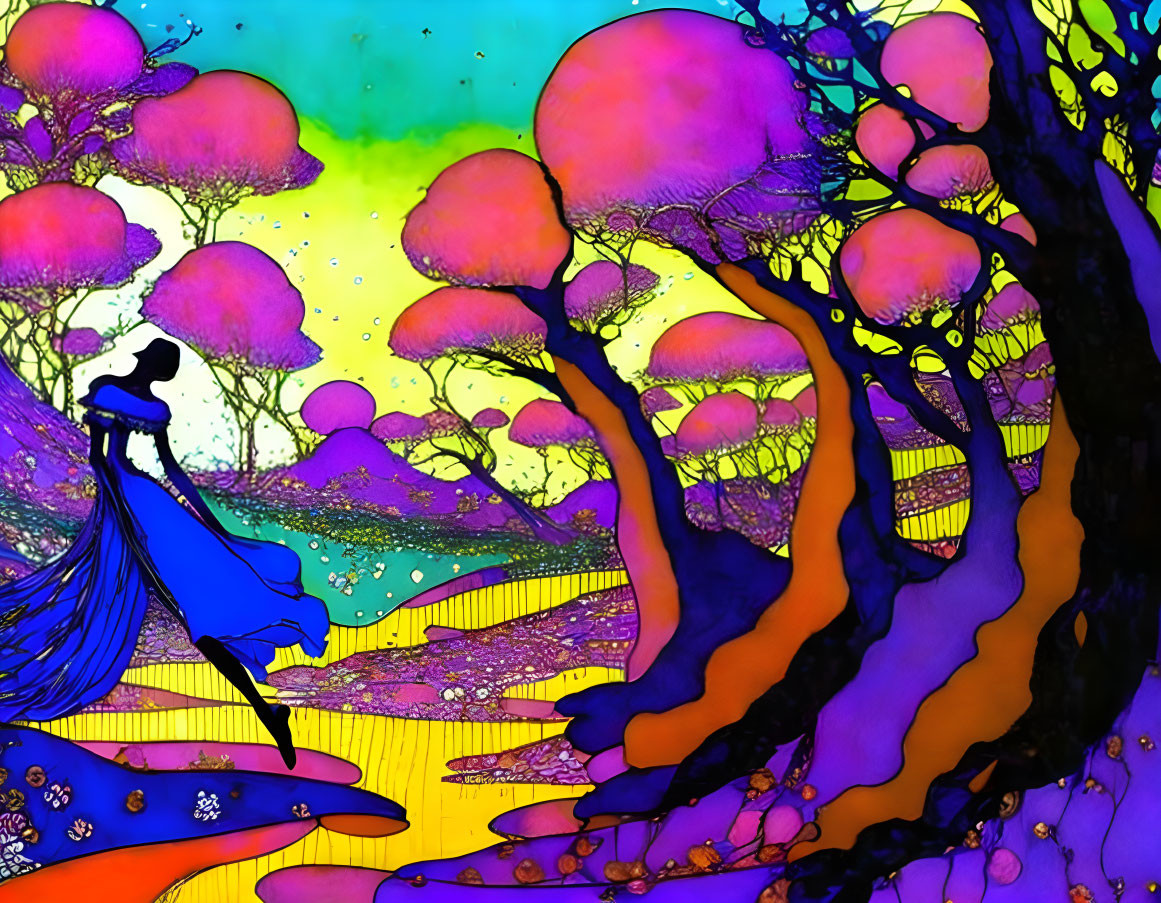 Colorful artwork: Silhouette with umbrella in psychedelic tree landscape