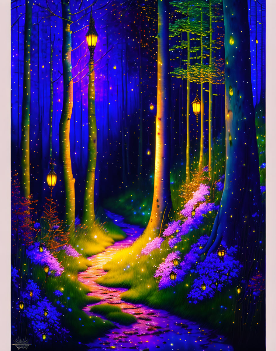 Enchanting Forest Path with Golden Lanterns and Blooming Flora