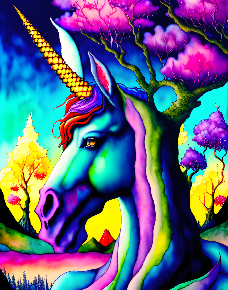 Colorful Unicorn with Golden Horn in Vibrant Forest Landscape