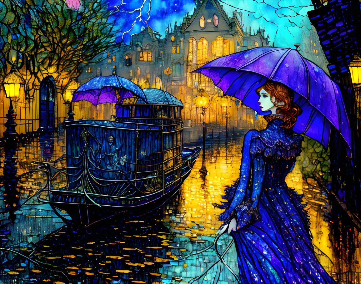 Woman with Purple Umbrella by Canal Under Starry Night Sky