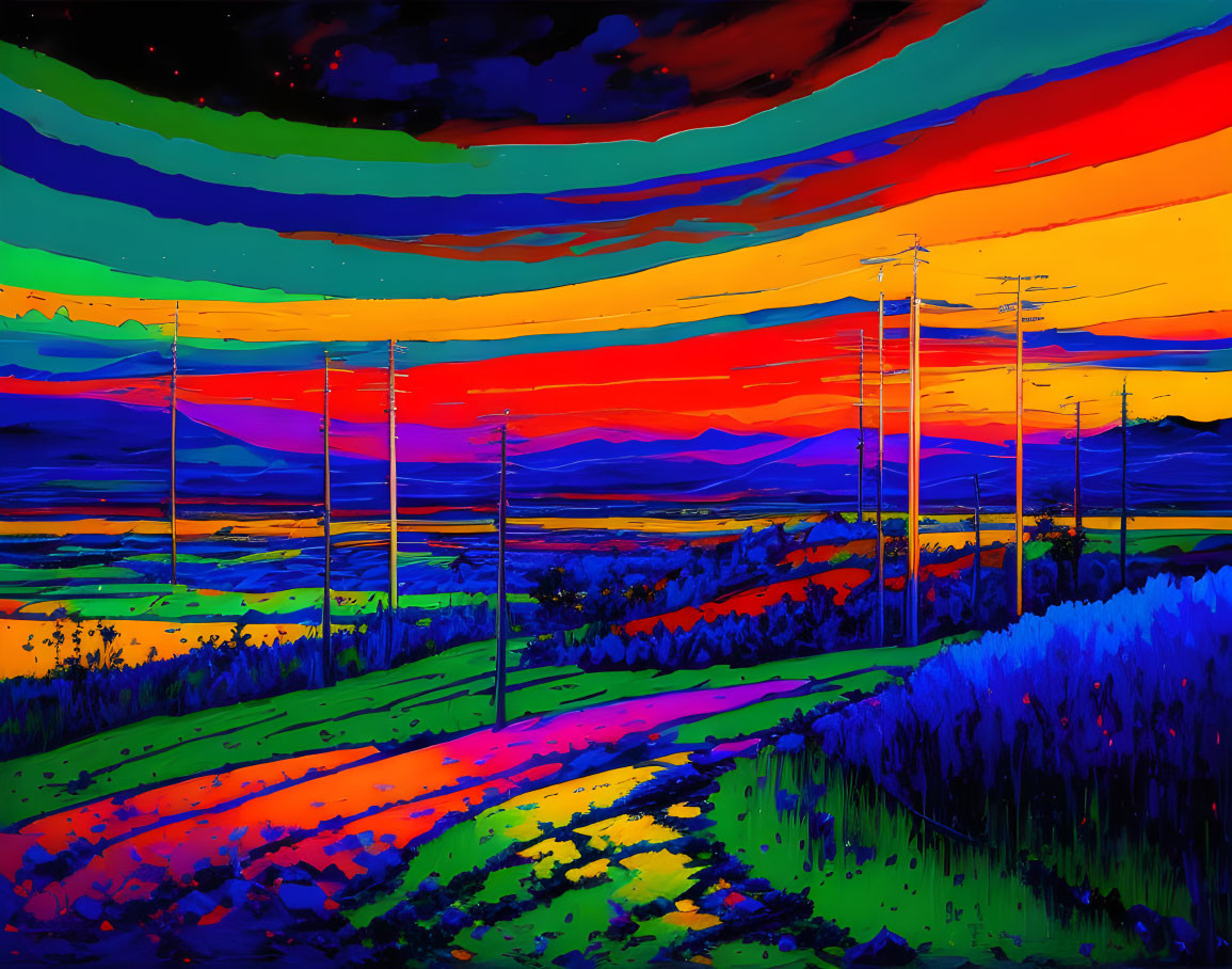 Colorful Landscape with Power Lines and Vibrant Sky