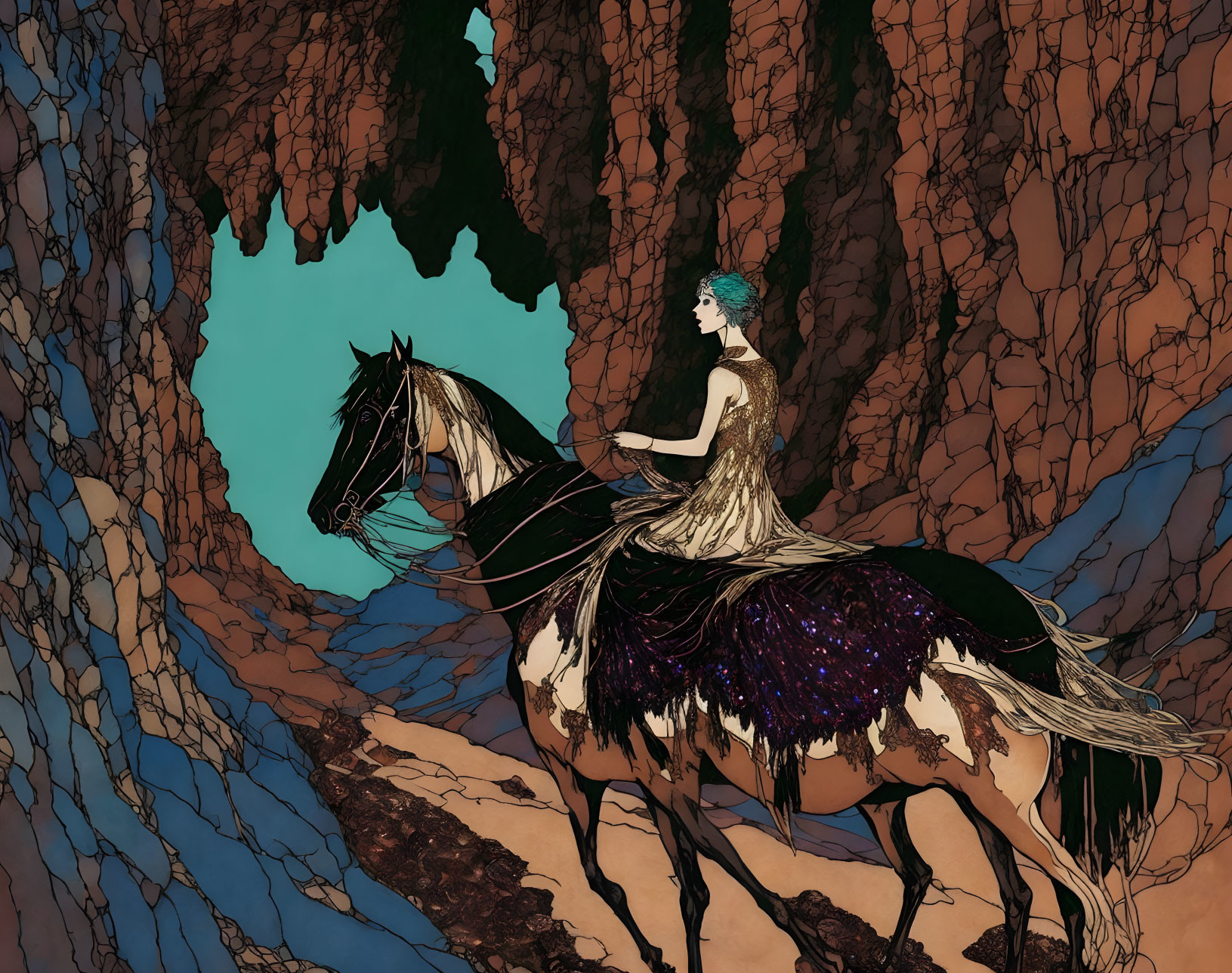 Illustration of woman with blue hair riding horse in rocky terrain under turquoise sky