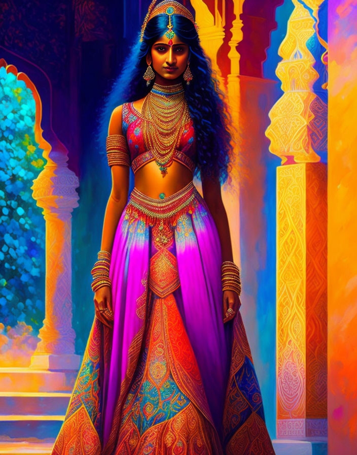 Traditional Indian Attire Woman Against Colorful Backdrop