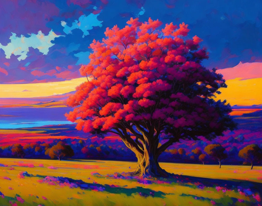 Colorful painting of lone tree with pink foliage in sunset sky.