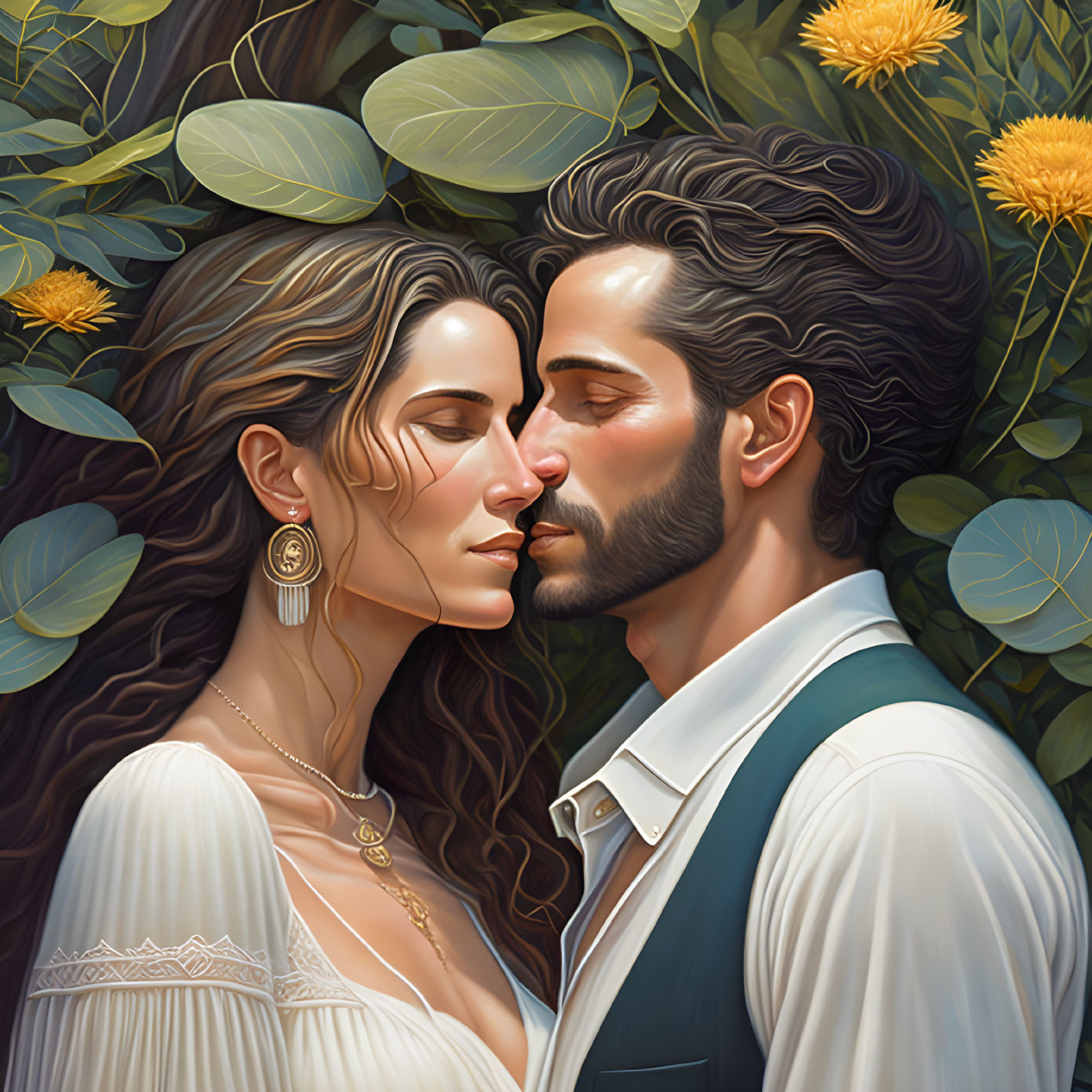 Romantic man and woman in lush greenery, about to kiss.