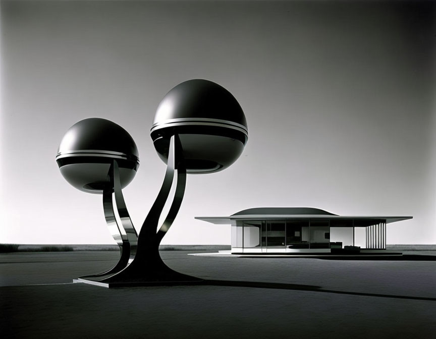 Futuristic black and white photo of spherical structures and modern building