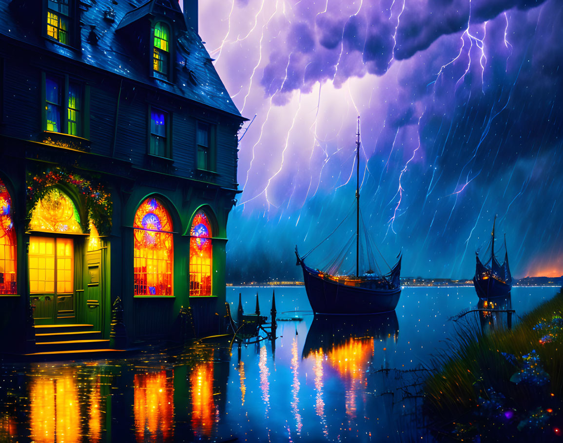 Stormy Night Scene: Lightning over Lake with Old House and Boats