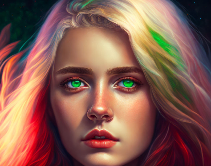 Vibrant digital portrait of woman with green eyes and colorful hair on starry backdrop