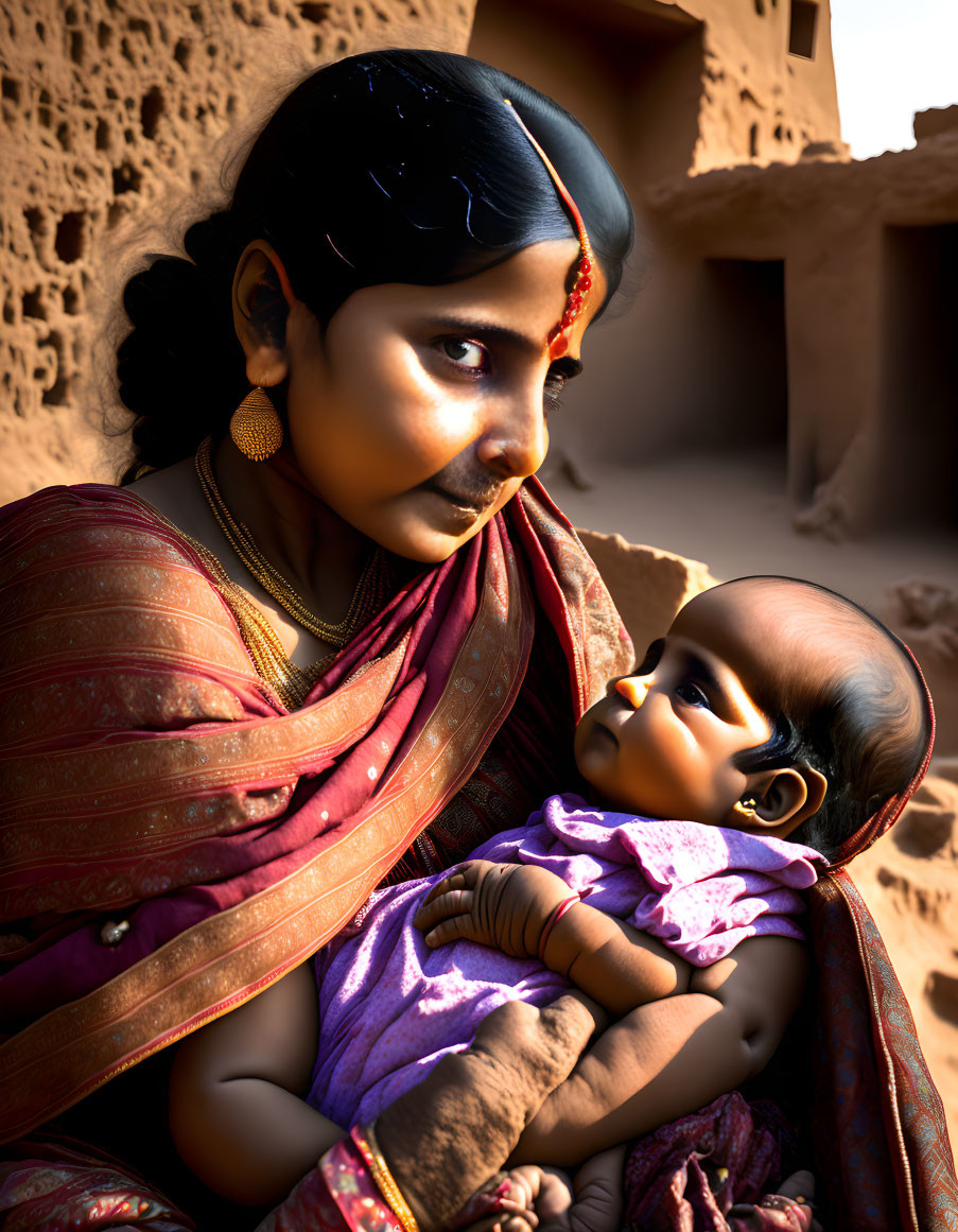 Traditional attire woman holding baby doll in warm sunlight with shadowy interior background