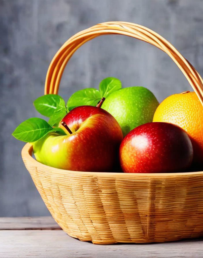 Colorful fruit basket with apples and orange on gray background