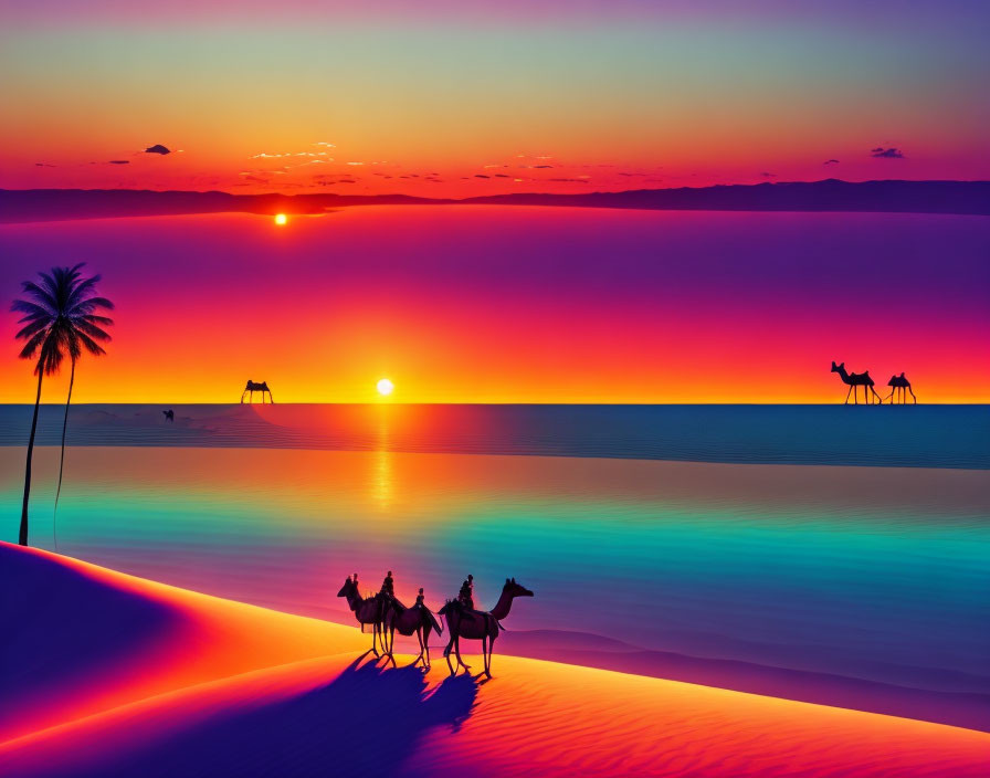 Desert Camels at Sunset with Palm Tree Silhouette