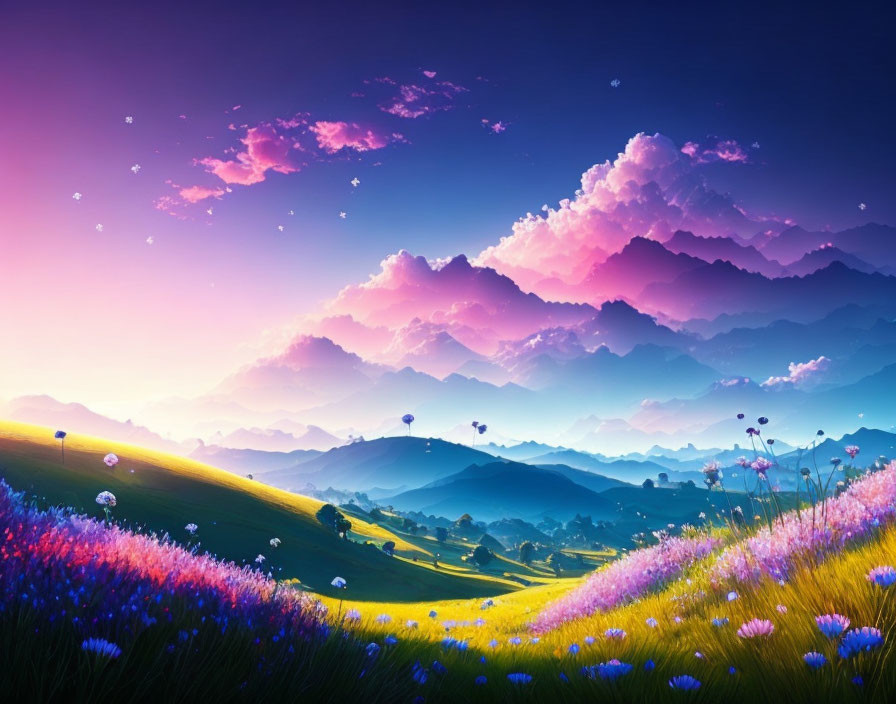 Colorful digital artwork: Fantastical landscape with mountains, sunset sky, and flowers