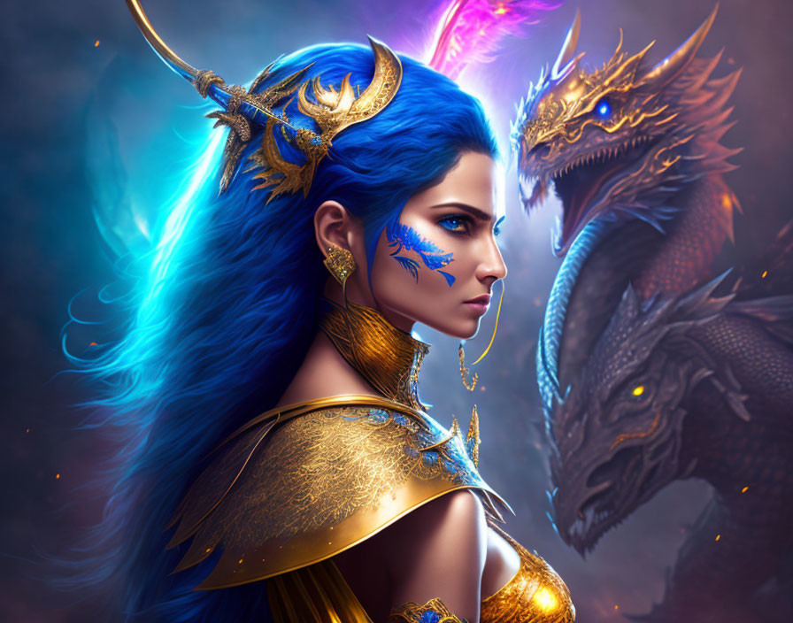 Blue-haired woman in golden armor with dragon emitting majestic aura