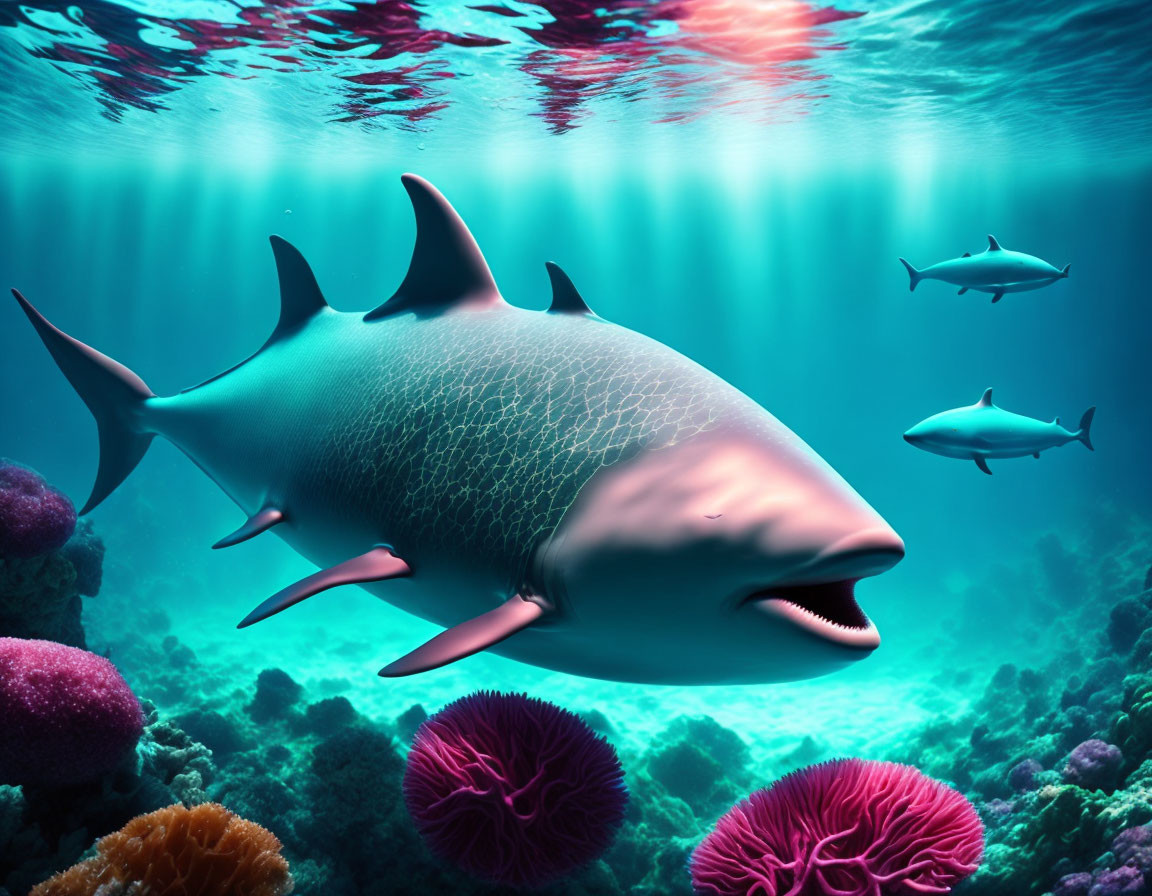 Colorful Shark Swimming Near Sea Bed with Coral and Fish