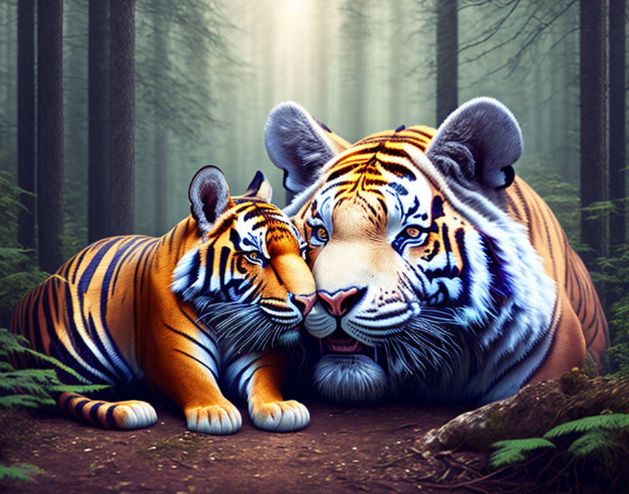 Two Tigers Resting in Misty Forest with Sunlight Filtering Through Trees